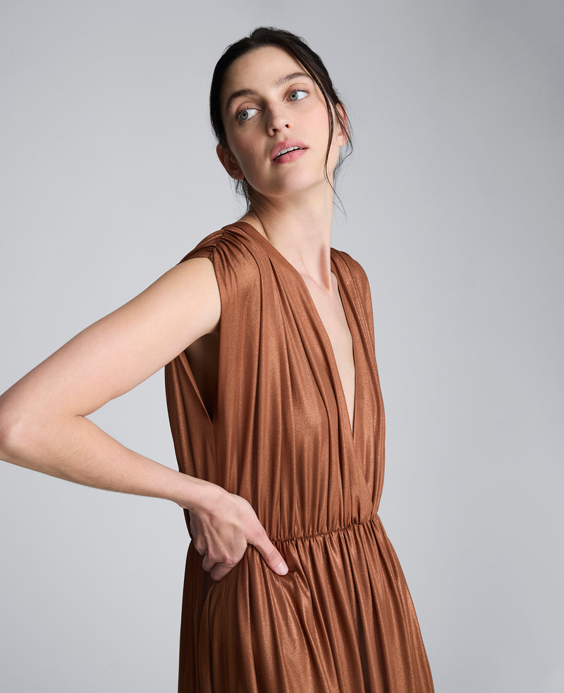 Metallic Knit Deep V-Neck Gathered Maxi Dress Metallic Knit Deep V-Neck Gathered Maxi Dress