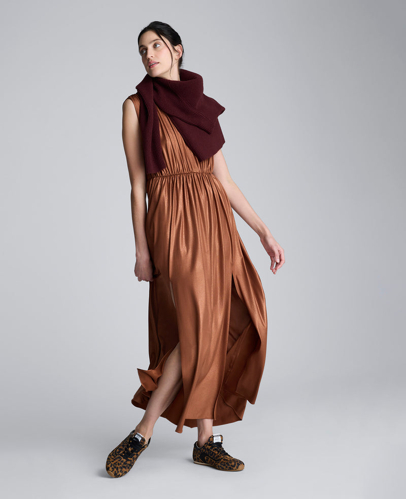 Kenneth Cole | Metallic Knit Deep V-Neck Gathered Maxi Dress in Burnt Copper Kenneth Cole | Metallic Knit Deep V-Neck Gathered Maxi Dress in Burnt Copper