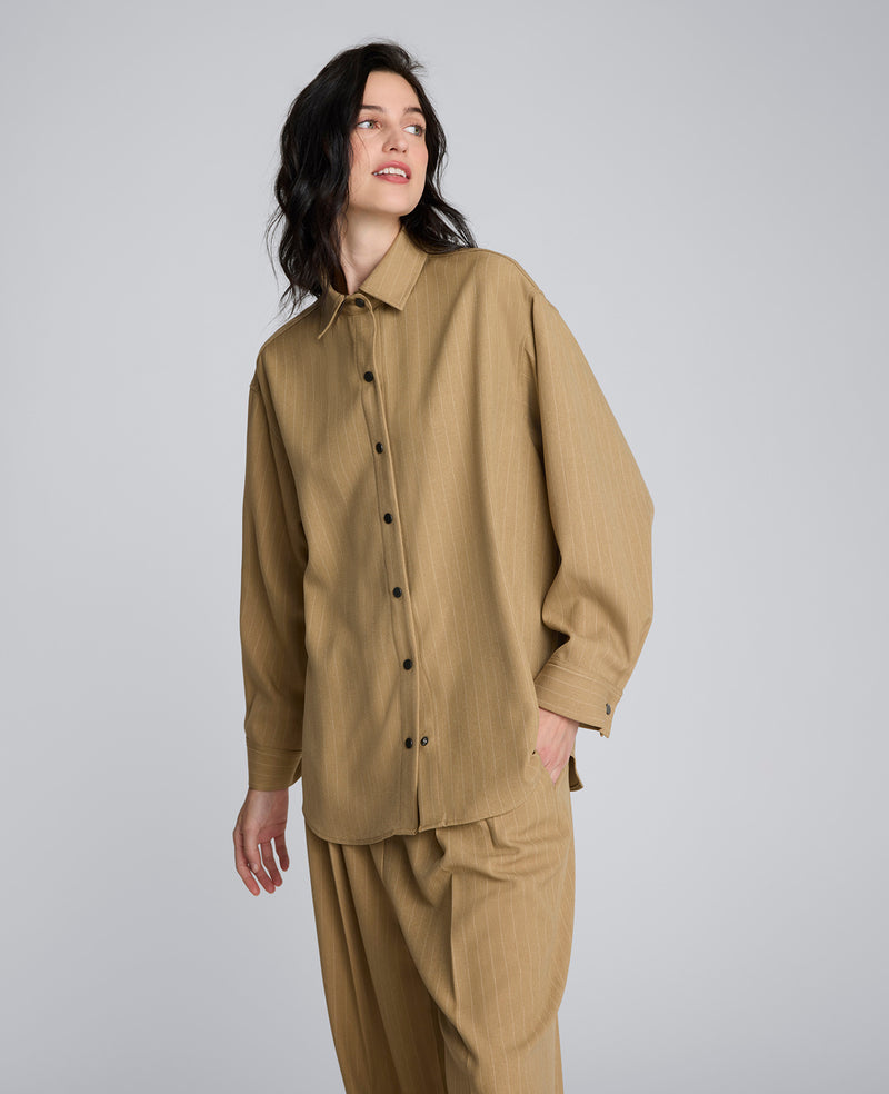 Kenneth Cole - Pinstripe Drop Shoulder Snap Front Boyfriend Shirt WOMENS SHIRTS for Women