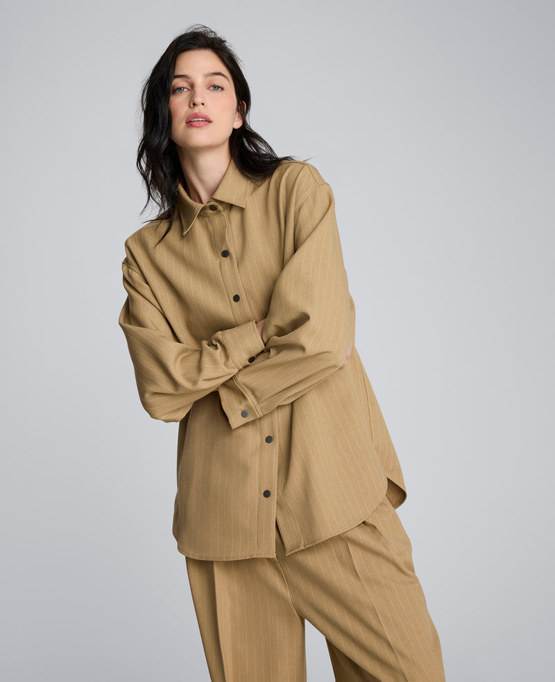 Kenneth Cole - Pinstripe Drop Shoulder Snap Front Boyfriend Shirt WOMENS SHIRTS for Women
