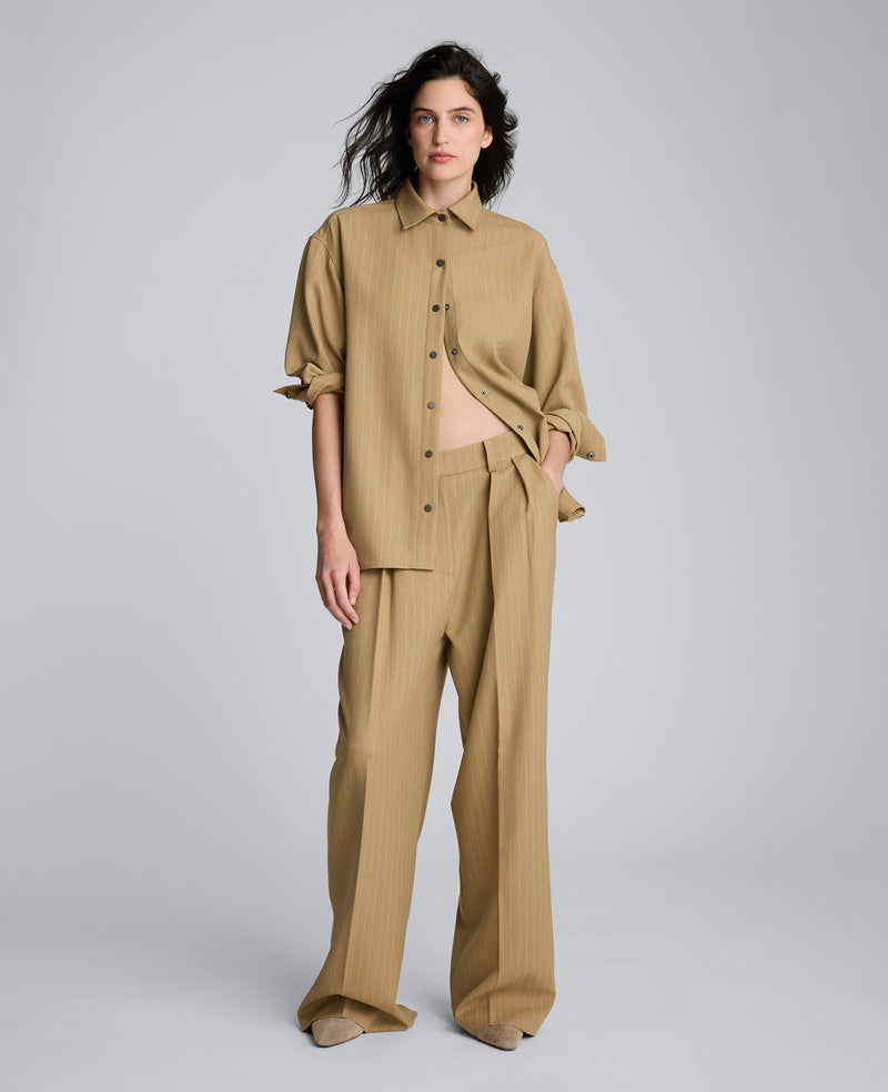 Kenneth Cole - Pinstripe Drop Shoulder Snap Front Boyfriend Shirt WOMENS SHIRTS for Women