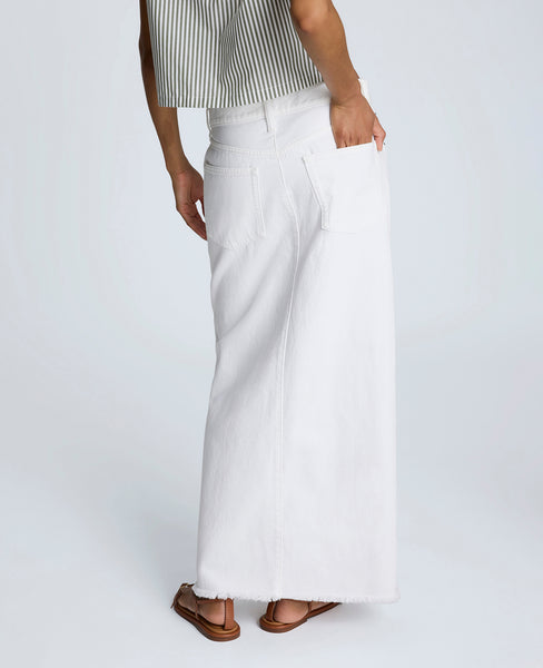 Denim Fly Front 4-Pocket Maxi Skirt With Fray Hem