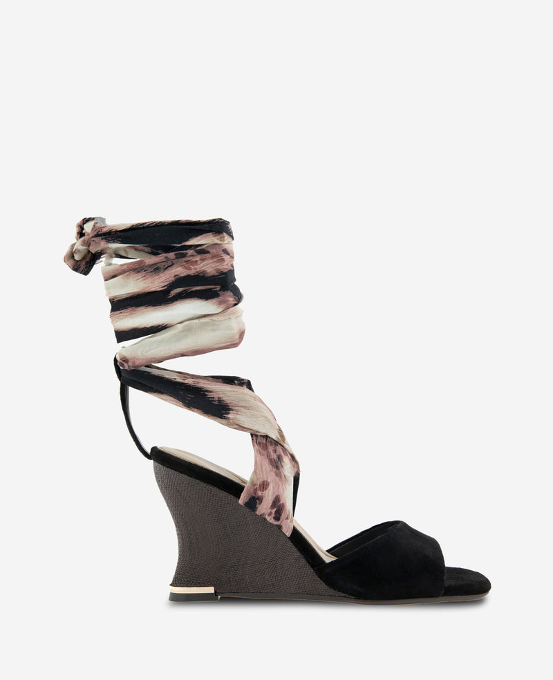 Kenneth Cole - Fabia Printed Fabric Wrap Around Suede & Raffia Wedge WOMENS HEELS for Women