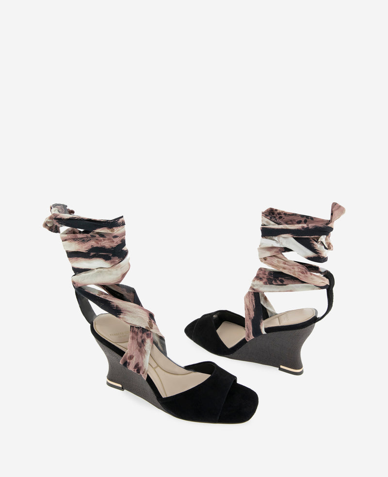 Kenneth Cole - Fabia Printed Fabric Wrap Around Suede & Raffia Wedge WOMENS HEELS for Women