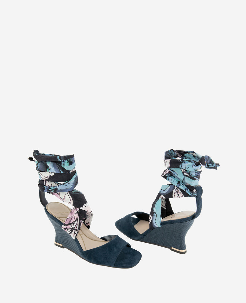 Kenneth Cole - Fabia Printed Fabric Wrap Around Suede & Raffia Wedge WOMENS HEELS for Women