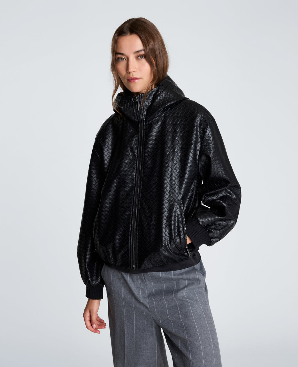 Kenneth Cole - Hooded Basketweave Vegan Leather Blouson Jacket WOMENS OUTERWEAR for Women 