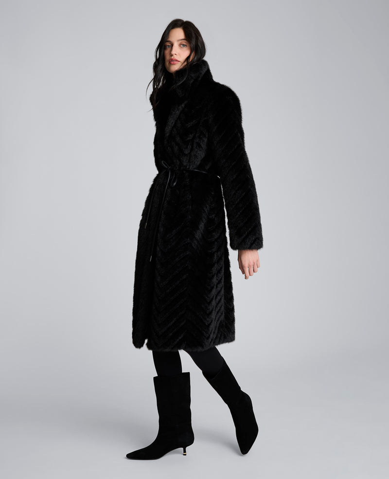 Grooved Faux Fur Coat with Tie Belt