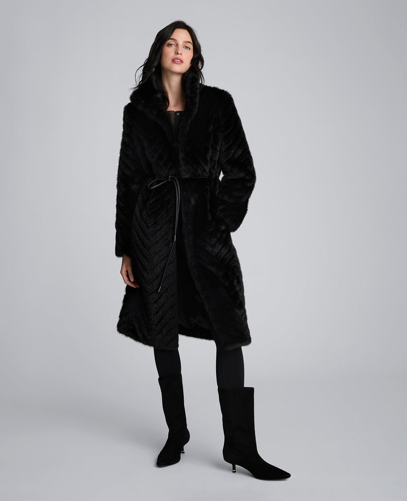 Grooved Faux Fur Coat with Tie Belt