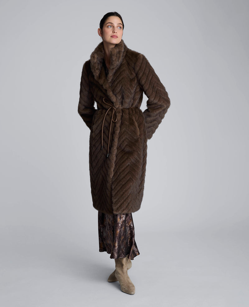 Kenneth Cole - Grooved Faux Fur Coat with Tie Belt WOMENS OUTERWEAR for Women