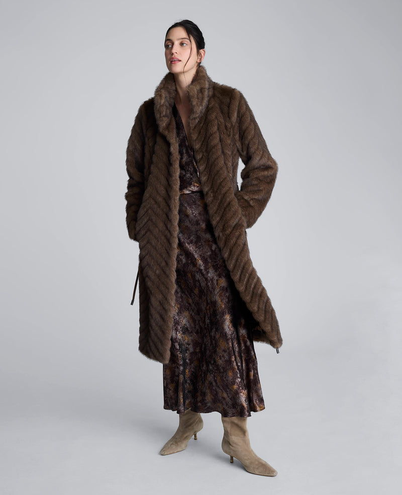 Kenneth Cole - Grooved Faux Fur Coat with Tie Belt WOMENS OUTERWEAR for Women