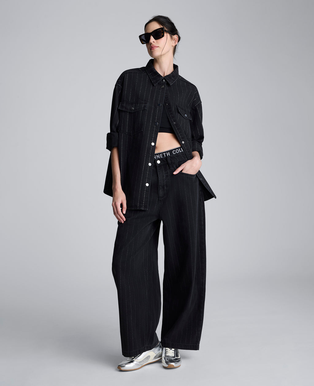 Kenneth Cole - Metallic Pinstripe Wide Leg High Rise Denim Jean WOMENS DENIM for Women 