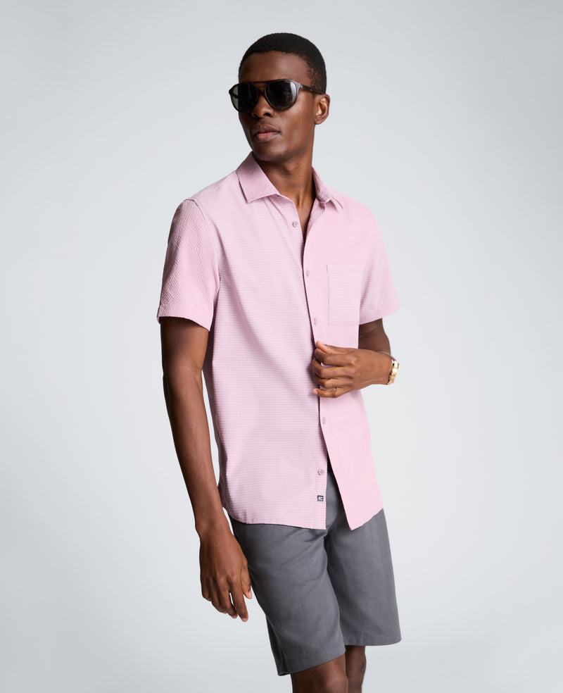 Kenneth Cole - Slim Fit Short-Sleeve Mixed-Media Sport Shirt MENS SHIRT for Men