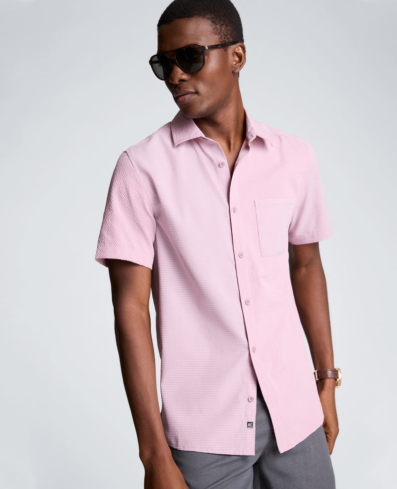 Kenneth Cole - Slim Fit Short-Sleeve Mixed-Media Sport Shirt MENS SHIRT for Men
