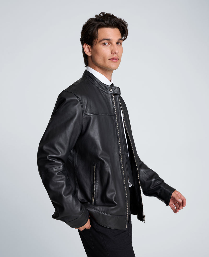Kenneth Cole - Stand Collar Leather Moto Jacket MENS JACKET for Men