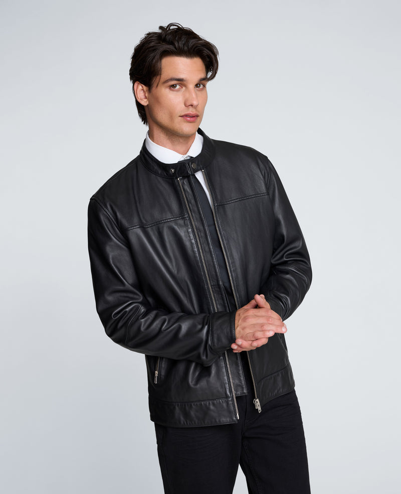Kenneth Cole - Stand Collar Leather Moto Jacket MENS JACKET for Men