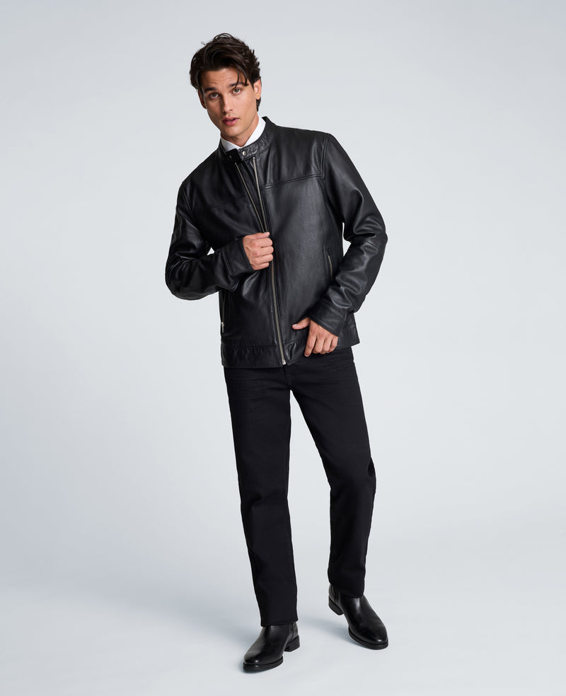 Kenneth Cole - Stand Collar Leather Moto Jacket MENS JACKET for Men