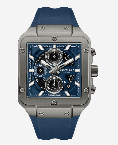 Kenneth Cole Skeleton Automatic Blue Silicone Strap Watch