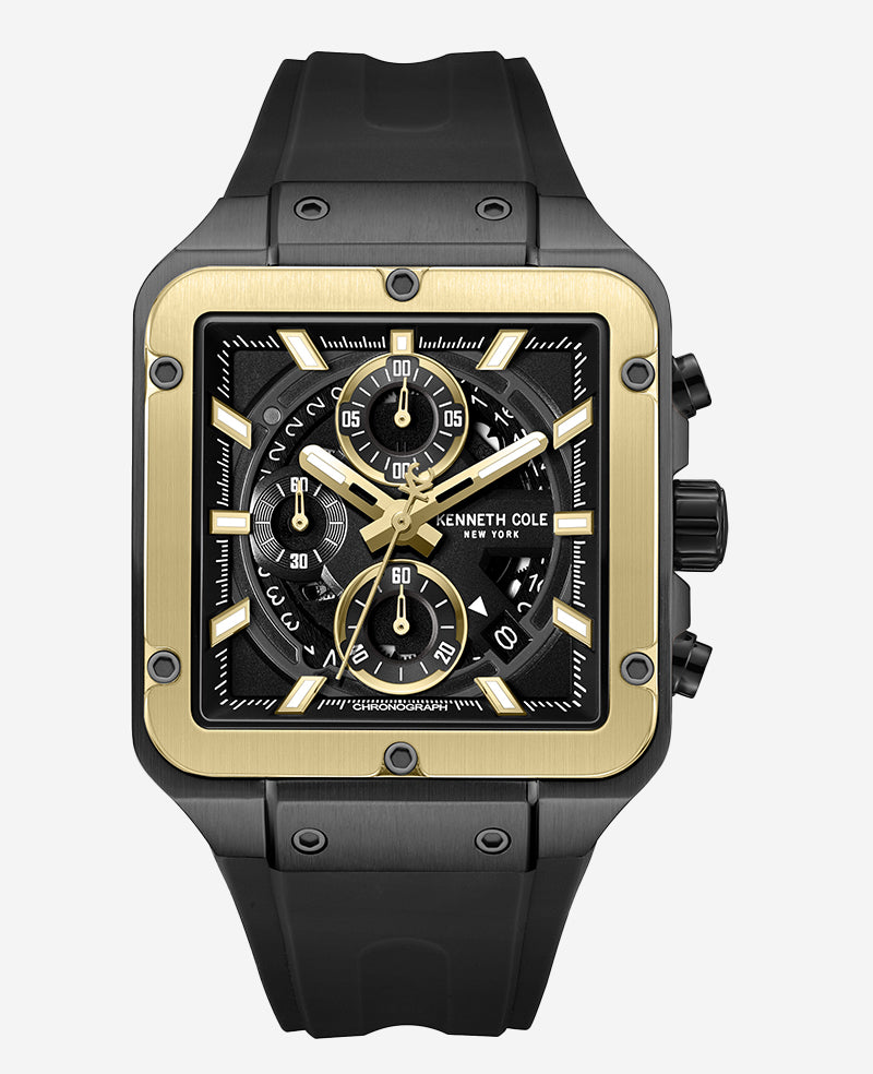 Kenneth Cole - Skeleton Automatic Gold Tone Bezel Black Silicone Strap Watch MENS WATCHES for Men