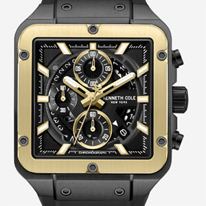 Kenneth Cole - Skeleton Automatic Gold Tone Bezel Black Silicone Strap Watch MENS WATCHES for Men