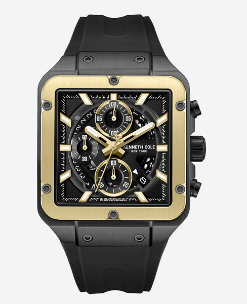 Kenneth Cole Skeleton Automatic Gold Tone Bezel Black Silicone Strap Watch