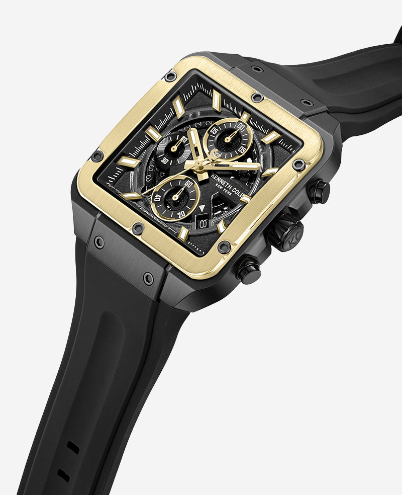 Kenneth Cole - Skeleton Automatic Gold Tone Bezel Black Silicone Strap Watch MENS WATCHES for Men