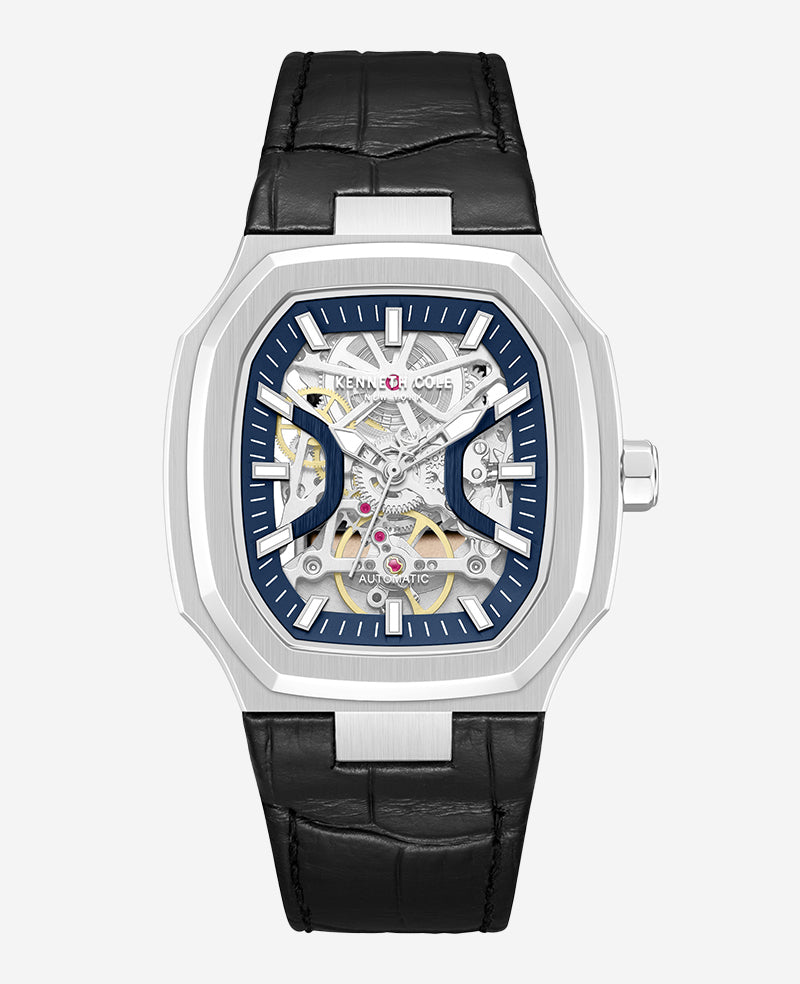 Kenneth Cole - Skeleton Automatic Two-Tone Dial Leather Strap Watch MENS WATCHES for Men