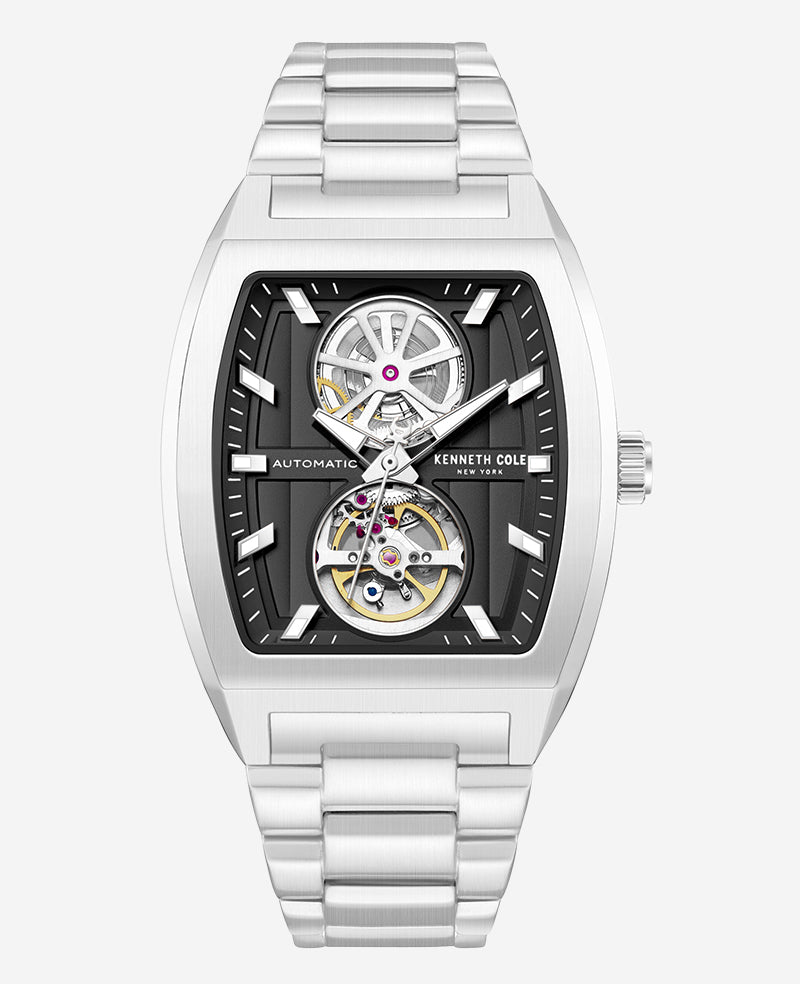 Kenneth Cole - Skeleton Automatic Black Dial Stainless Steel Bracelet Watch MENS WATCHES for Men 
