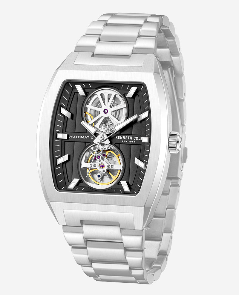 Kenneth Cole - Skeleton Automatic Black Dial Stainless Steel Bracelet Watch MENS WATCHES for Men