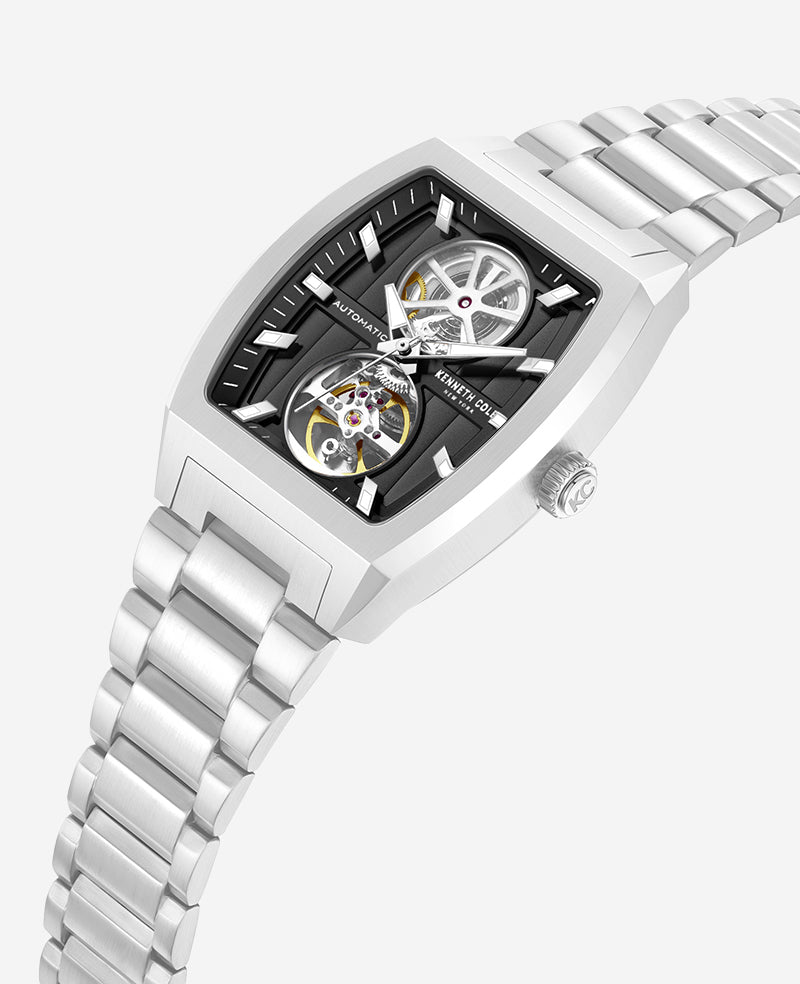 Kenneth Cole - Skeleton Automatic Black Dial Stainless Steel Bracelet Watch MENS WATCHES for Men