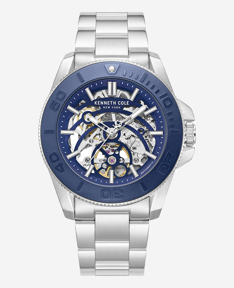 Kenneth Cole - Skeleton Automatic Blue Contrast Dial Bracelet Watch MENS WATCHES for Men