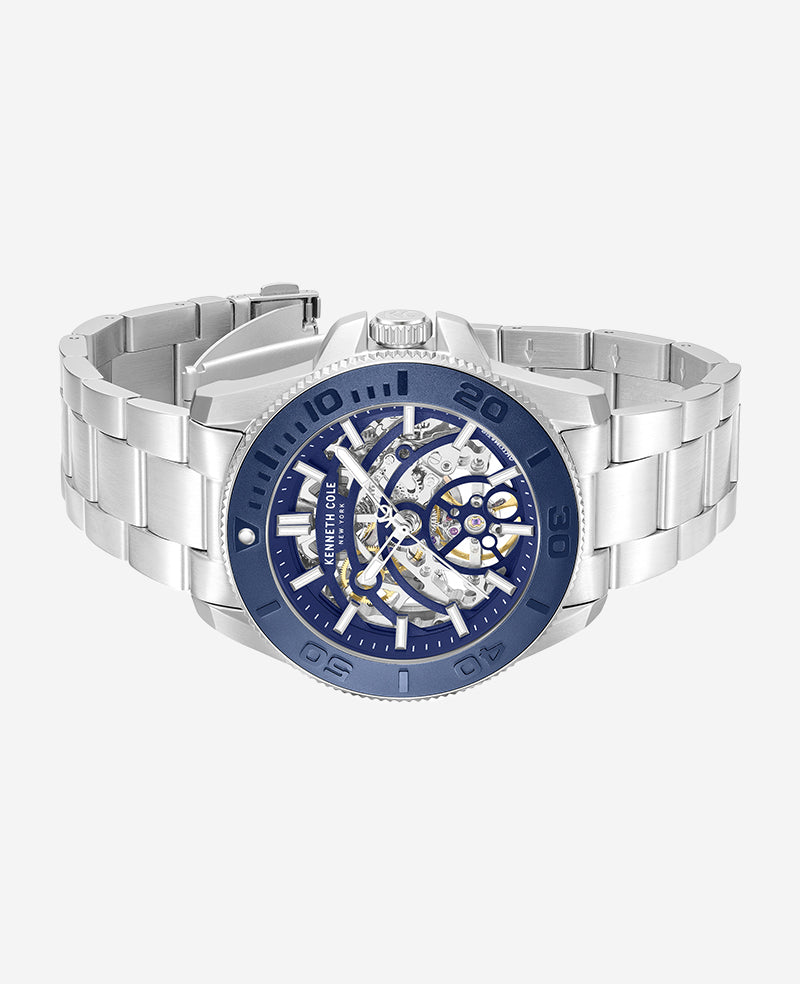 Kenneth Cole - Skeleton Automatic Blue Contrast Dial Bracelet Watch MENS WATCHES for Men