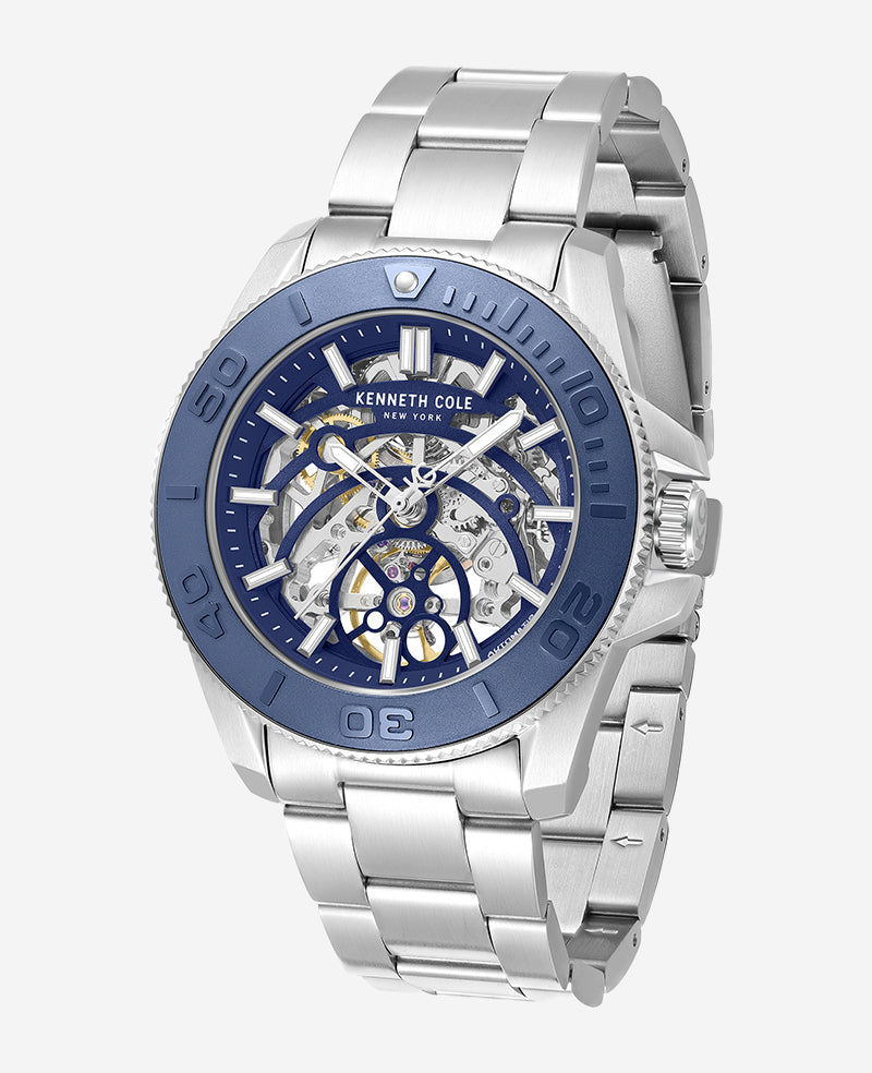 Kenneth Cole - Skeleton Automatic Blue Contrast Dial Bracelet Watch MENS WATCHES for Men