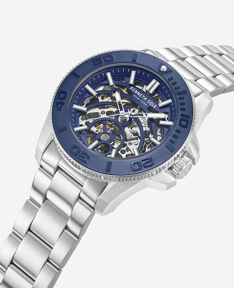 Kenneth Cole - Skeleton Automatic Blue Contrast Dial Bracelet Watch MENS WATCHES for Men