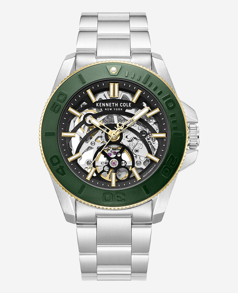 Kenneth Cole - Skeleton Automatic Green Contrast Dial Bracelet Watch MENS WATCHES for Men