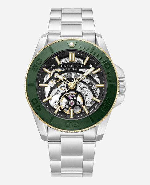 Kenneth Cole Skeleton Automatic Green Contrast Dial Bracelet Watch