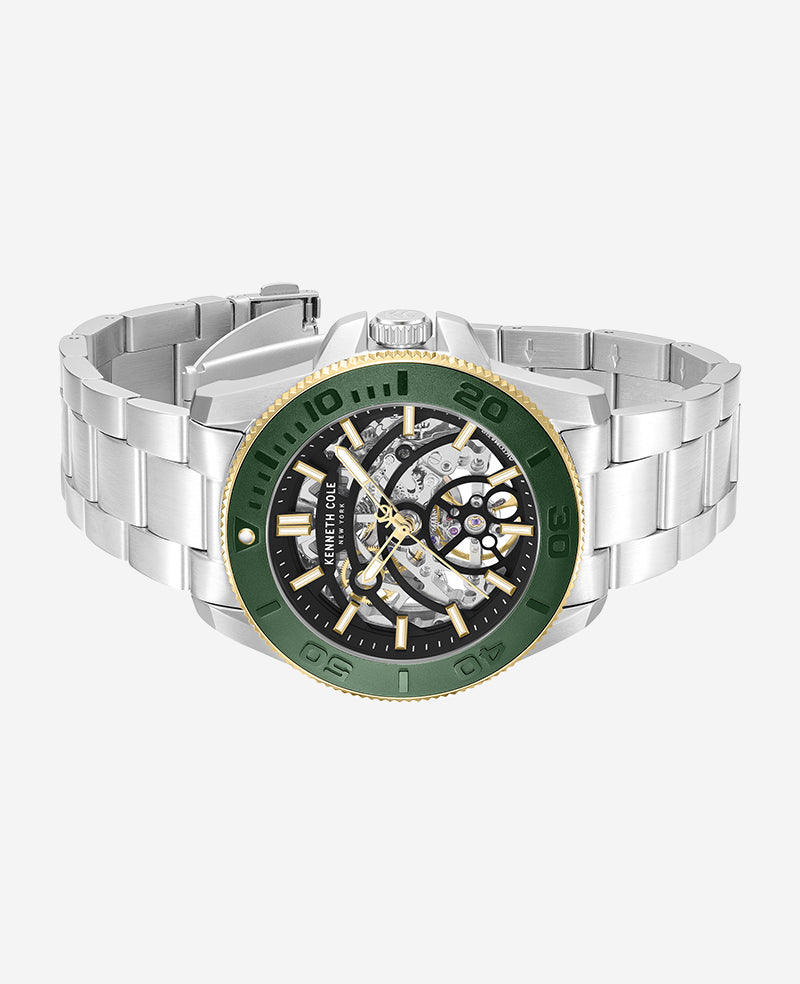 Kenneth Cole - Skeleton Automatic Green Contrast Dial Bracelet Watch MENS WATCHES for Men