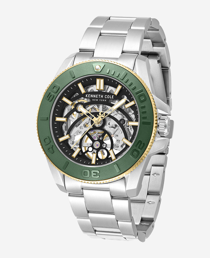 Kenneth Cole - Skeleton Automatic Green Contrast Dial Bracelet Watch MENS WATCHES for Men