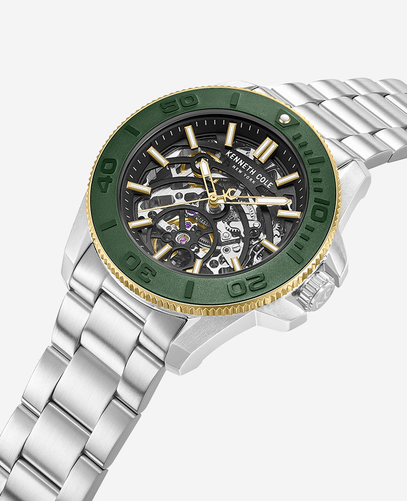 Kenneth Cole - Skeleton Automatic Green Contrast Dial Bracelet Watch MENS WATCHES for Men