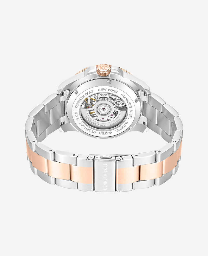 Kenneth Cole - Skeleton Automatic Black Contrast Dial Two Tone Bracelet Watch MENS WATCHES for Men