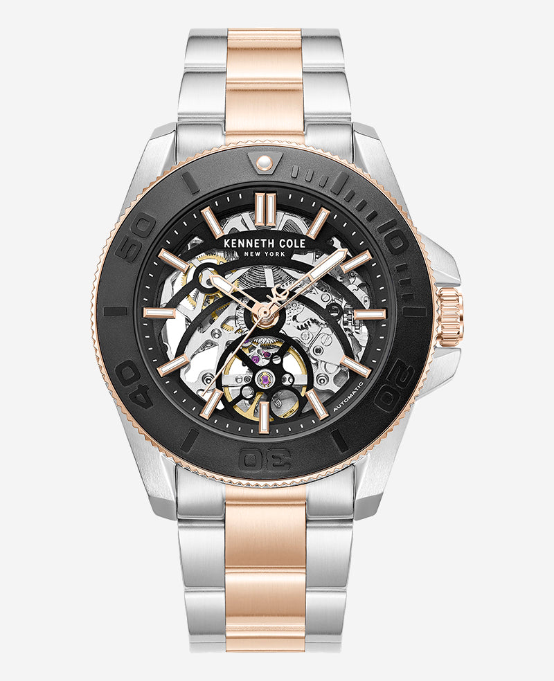 Skeleton Automatic Black Contrast Dial Two Tone Bracelet Watch