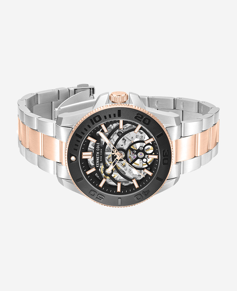 Kenneth Cole - Skeleton Automatic Black Contrast Dial Two Tone Bracelet Watch MENS WATCHES for Men