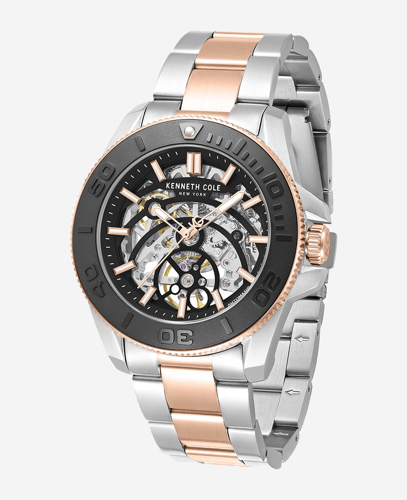 Kenneth Cole - Skeleton Automatic Black Contrast Dial Two Tone Bracelet Watch MENS WATCHES for Men
