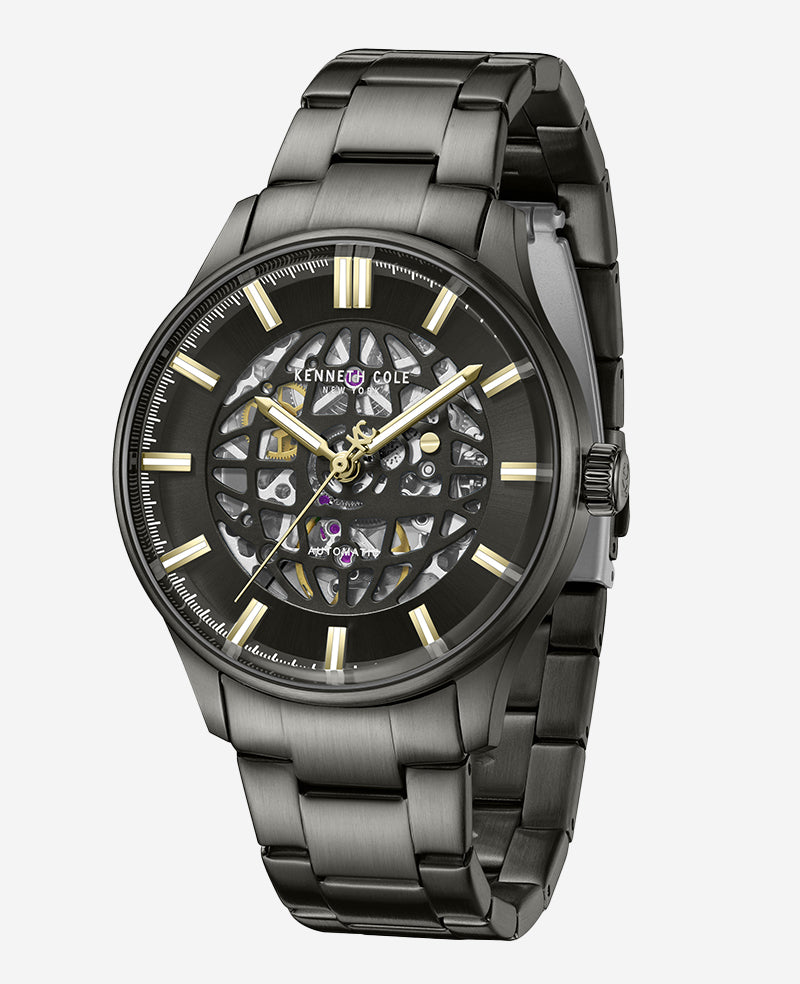 Kenneth Cole - Skeleton Automatic Gun Metal Bracelet Watch MENS WATCHES for Men