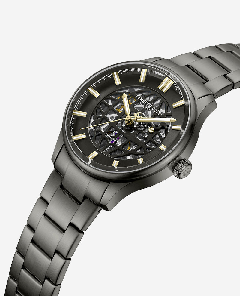 Kenneth Cole - Skeleton Automatic Gun Metal Bracelet Watch MENS WATCHES for Men