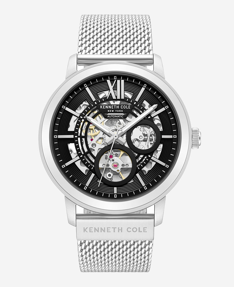 Kenneth Cole - Skeleton Automatic Black Dial Stainless Steel Mesh Strap Watch MENS WATCHES for Men