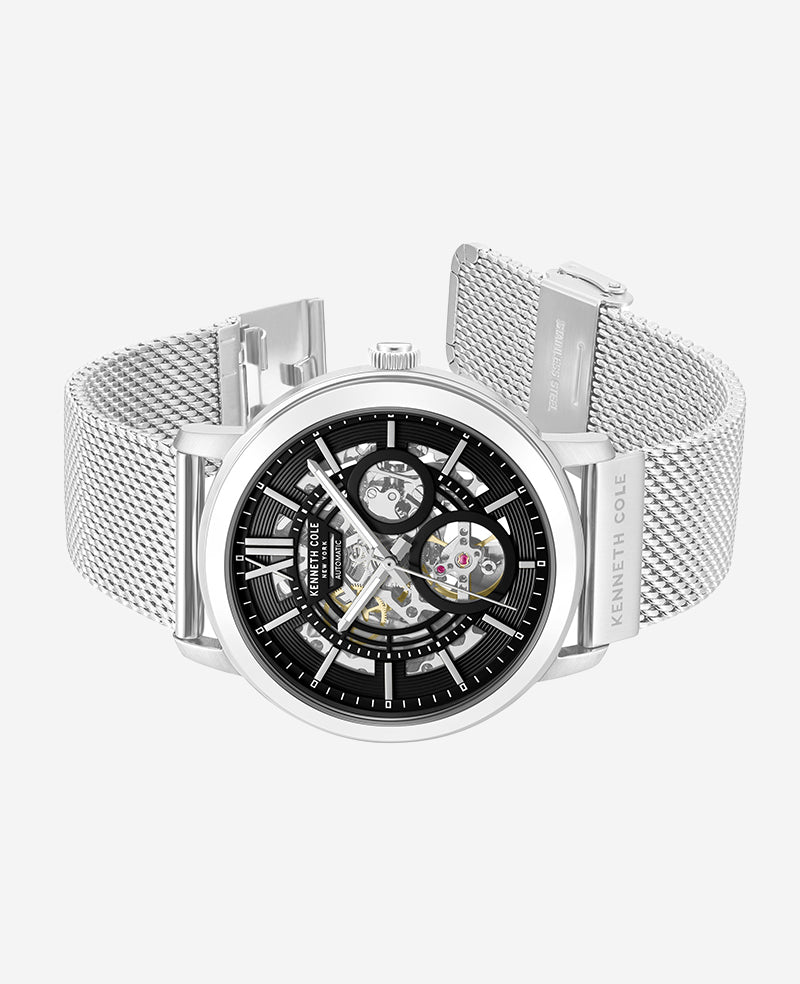 Kenneth Cole - Skeleton Automatic Black Dial Stainless Steel Mesh Strap Watch MENS WATCHES for Men