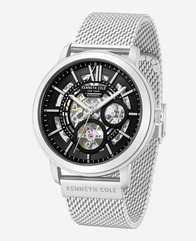 Kenneth Cole - Skeleton Automatic Black Dial Stainless Steel Mesh Strap Watch MENS WATCHES for Men
