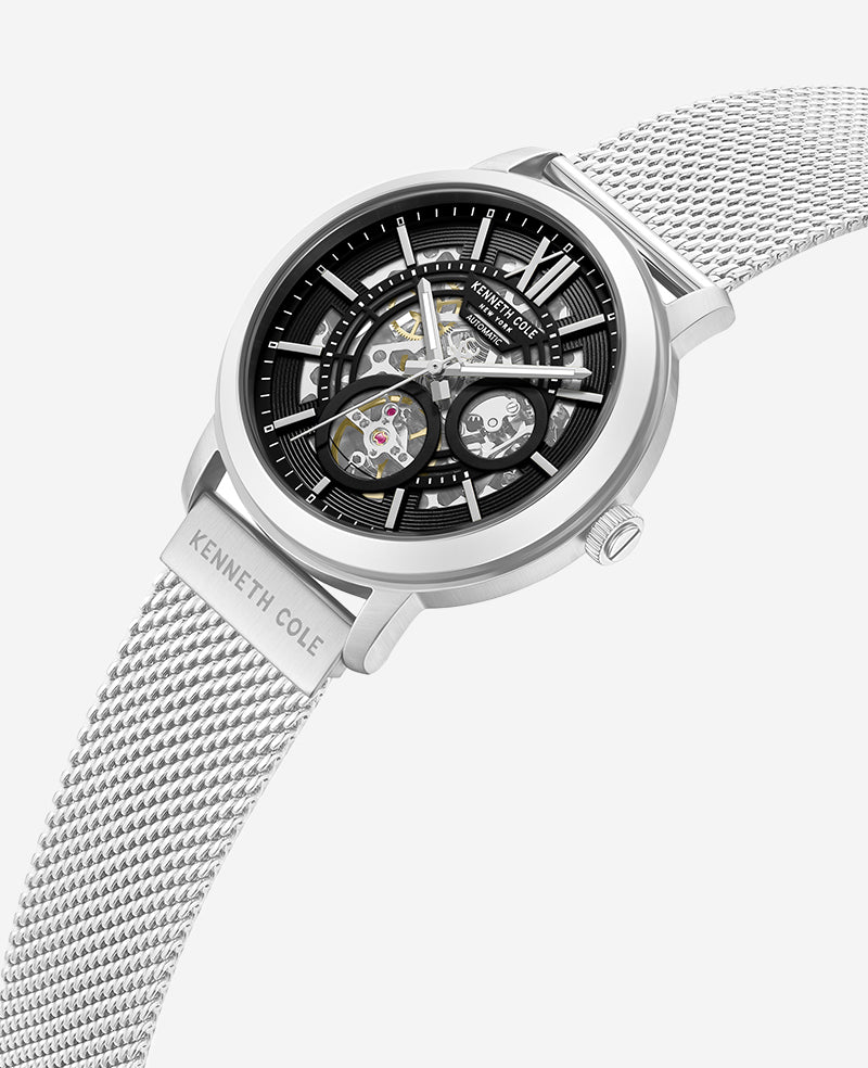 Kenneth Cole - Skeleton Automatic Black Dial Stainless Steel Mesh Strap Watch MENS WATCHES for Men
