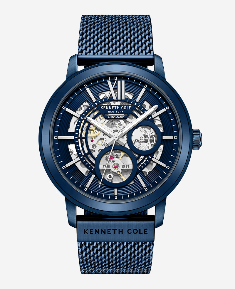 Kenneth Cole - Skeleton Automatic Blue-IP Stainless Steel Mesh Strap Watch MENS WATCHES for Men 