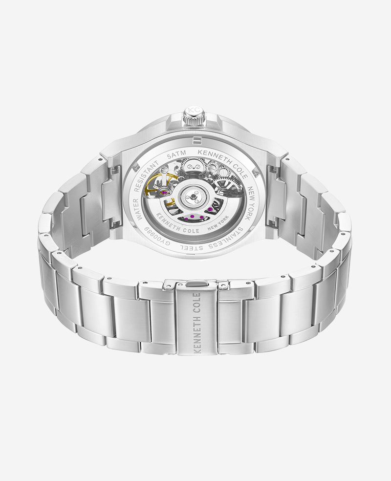 Kenneth Cole - Skeleton Automatic Silver-IP Black Dial Stainless Steel Bracelet Watch MENS WATCHES for Men